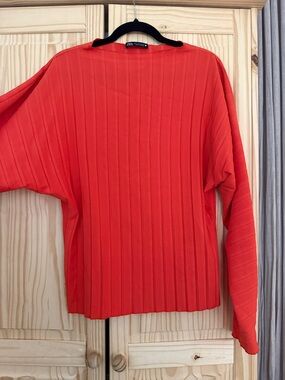 Zara Coral-Red Ribbed Long Sleeve Top